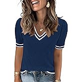 LOMON Womens Sweaters Puff Short Sleeve Lightweight Knit Summer Fall Tops Dressy V-Neck Work Blouses Business Casual Outfits