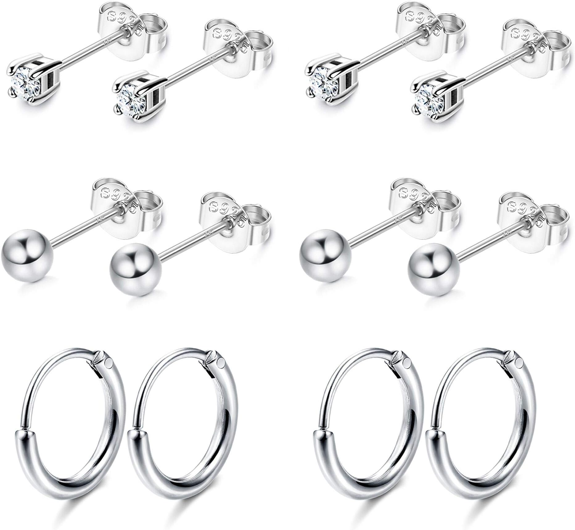 6 Pairs Sterling Silver Stud Earrings Set for Women Gold Ball Round CZ Small Hoop Minimal Cartilage Earrings Set Hypoallergenic