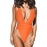 CUPSHE One Piece Swimsuit for Women Bathing Suit Cut Out Cross Back Tie Deep V Neck Ruched High Cut