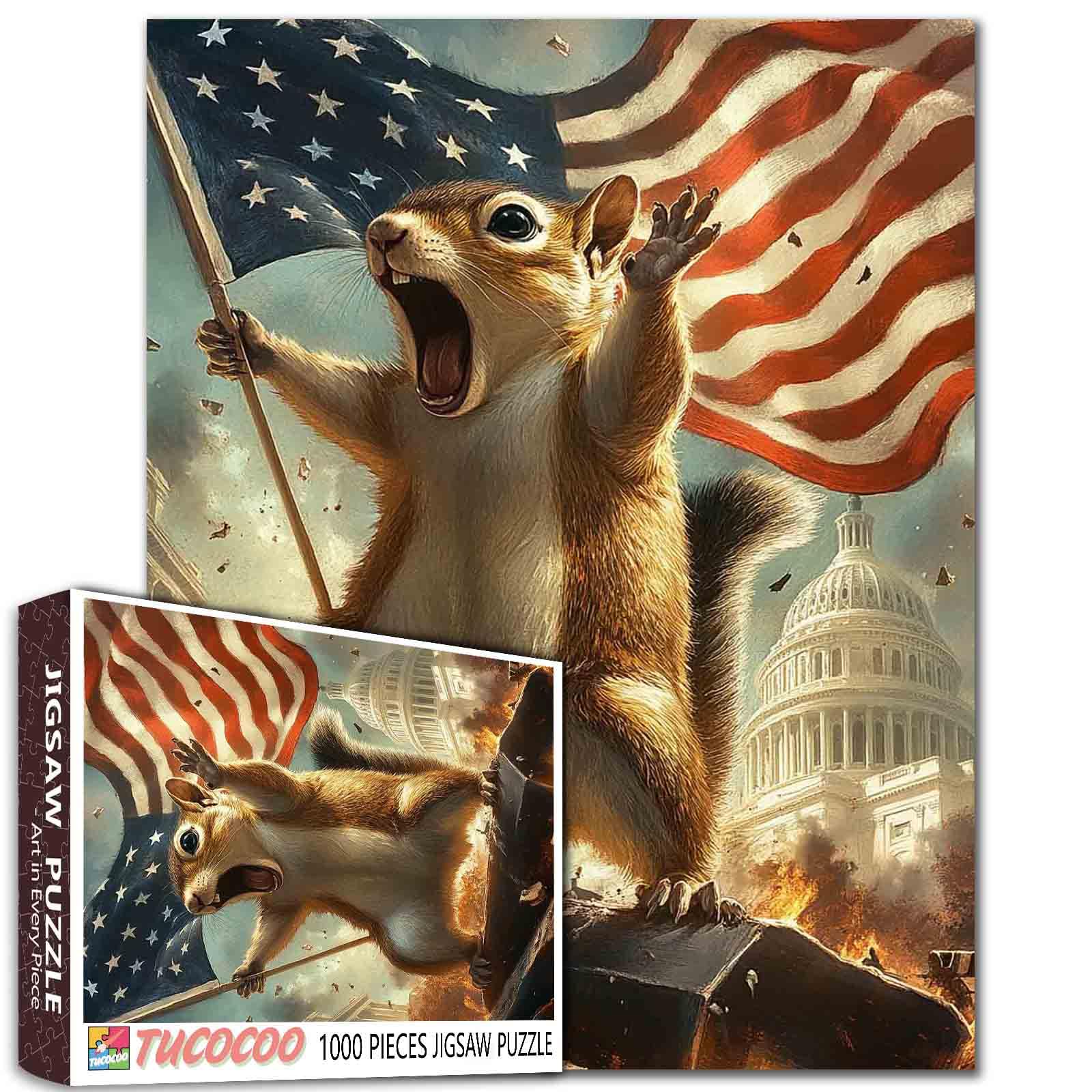 Photo 1 of 1000-Piece Patriotic Squirrel Jigsaw Puzzle - Waving American Flag & Freedom Design Charging Capitol Hill 27x20 Inches (50x70cm) Premium Art Puzzle for Adults