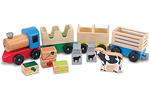 Melissa & Doug Wooden Farm Train Set - Classic Wooden Toy (3 Linking Cars)