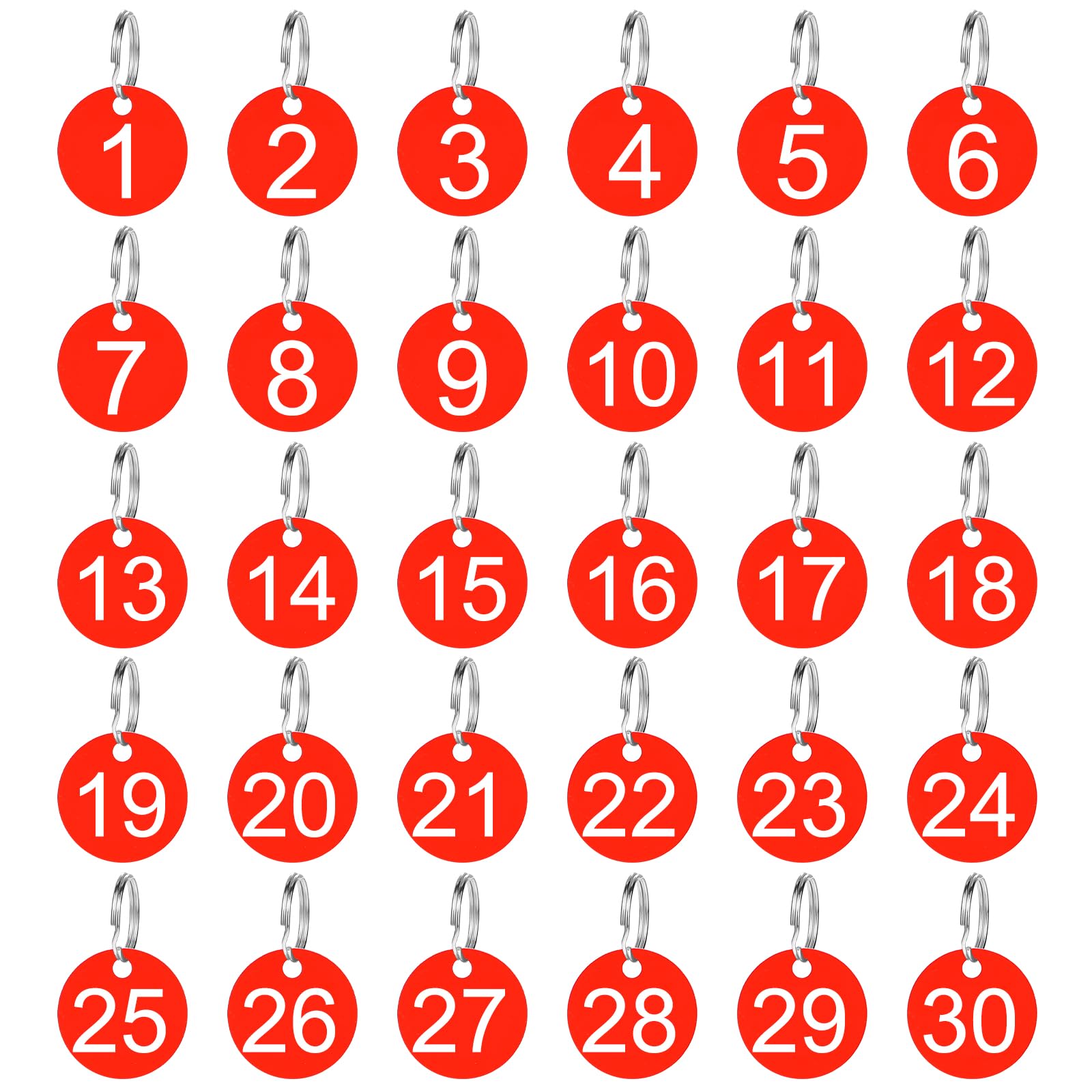 30 Pack Rond Number Tags with Key Rings, 1-30, Red, 1-3/8 Inches