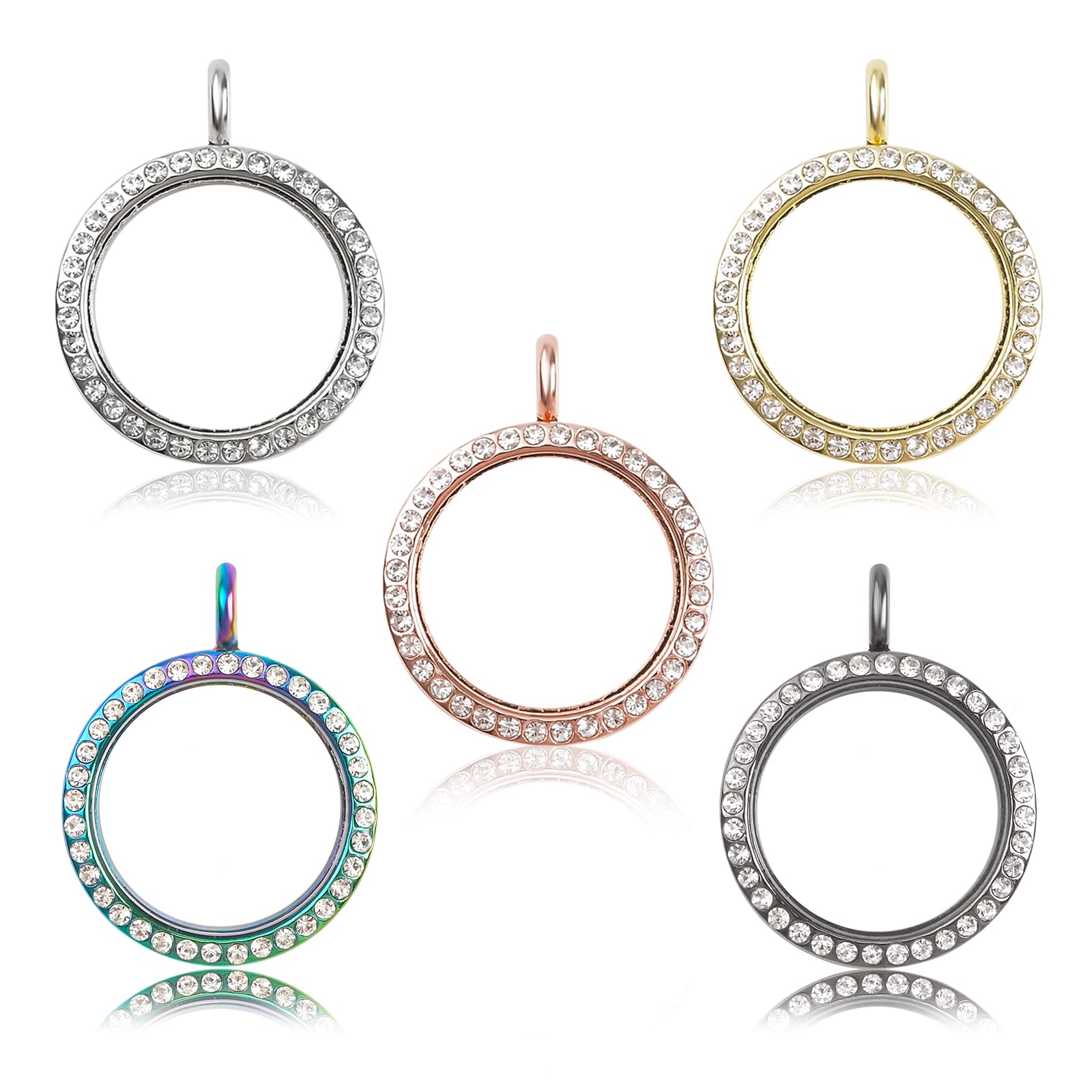 WANDIC Rhinestone Photo Charms, 5 pieces Mixed Colors Round Memory Locket Pendant Bridal Wedding Bouquet Charms for Photo or Decoration, 30mm