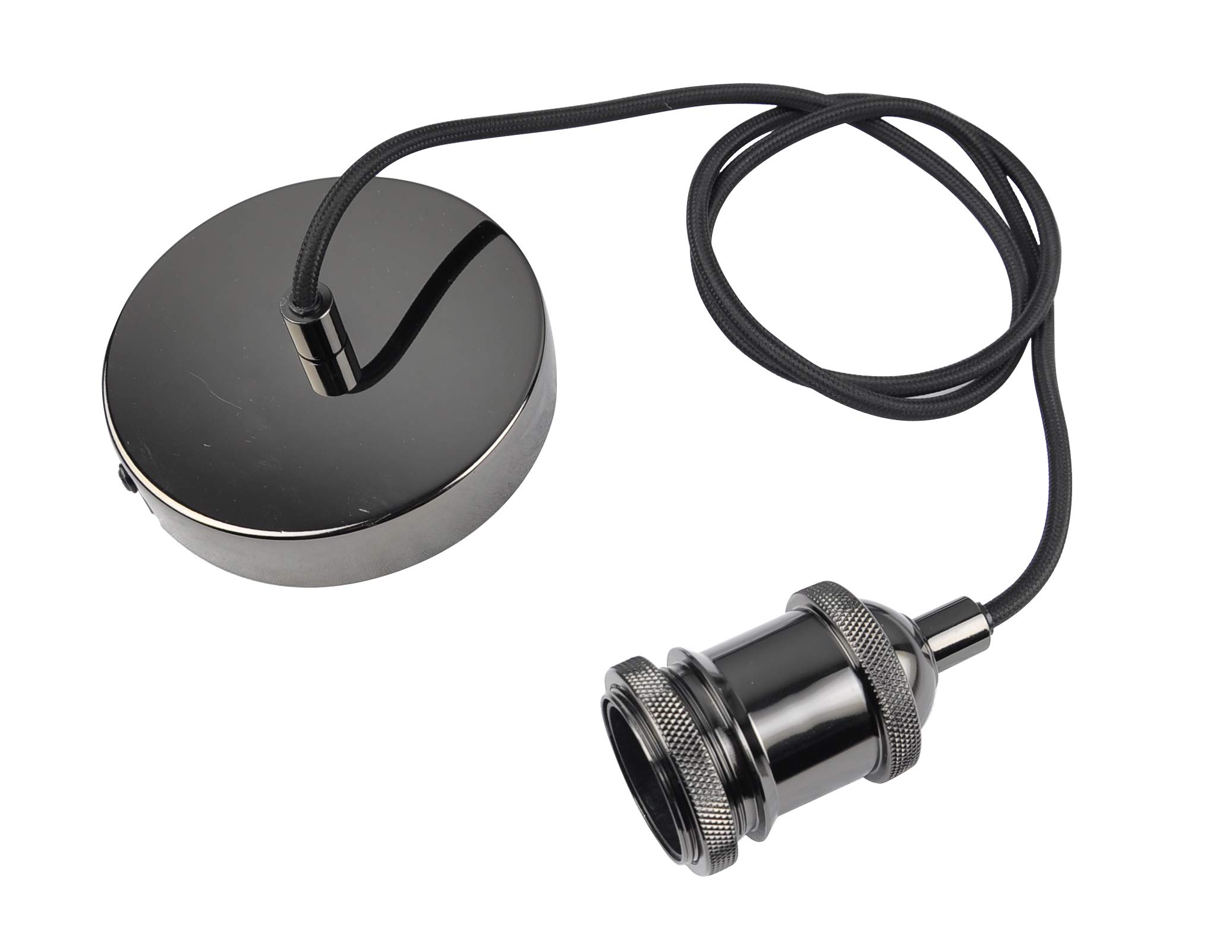 SHINY STAR Vintage Pendant Light Fitting, Modern Retro Industrial Style Black Chrome E27 Lamp Holder and Ceiling Rose with Black Braided Flex Cable-KIT02BNK