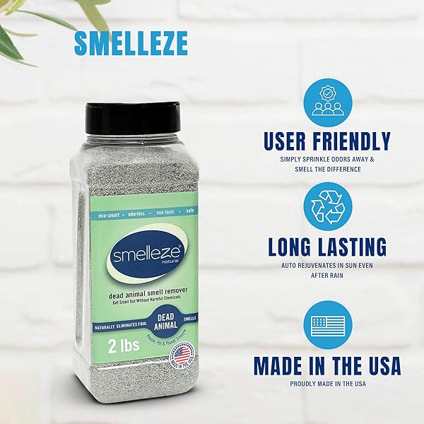 SMELLEZE NATURAL DEAD ANIMAL ODOR REMOVAL 2 LBS GRANULES: ELIMINATE DEAD RAT, MICE, SQUIRREL, CHIPMUNK, RACCOON & BAT SMELL. SAFE FOR INDOOR & OUTDOOR USE