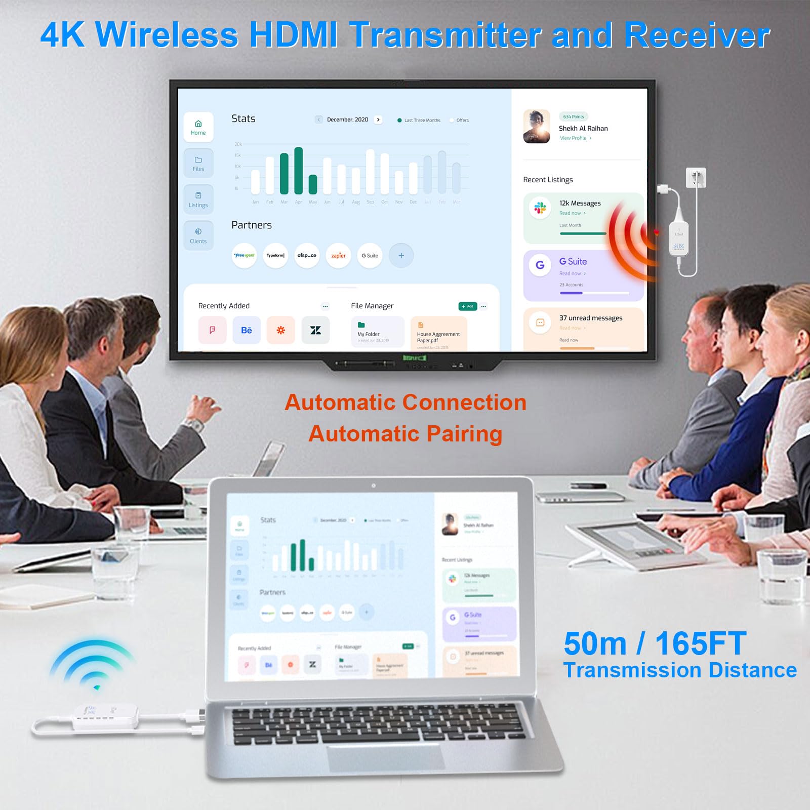 Wireless HDMI Transmitter and Receiver 4K, 1080P@120Hz Streaming Media Video/Audio Wireless HDMI Extender 5G from Laptop, PC, TV Box to Monitor, HDTV, 165FT/50M