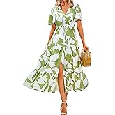 Zenlonr Women Summer Dresses 2025 Casual Short Sleeve V Neck Split Maxi Dress Button Drawstring Beach Long Dress