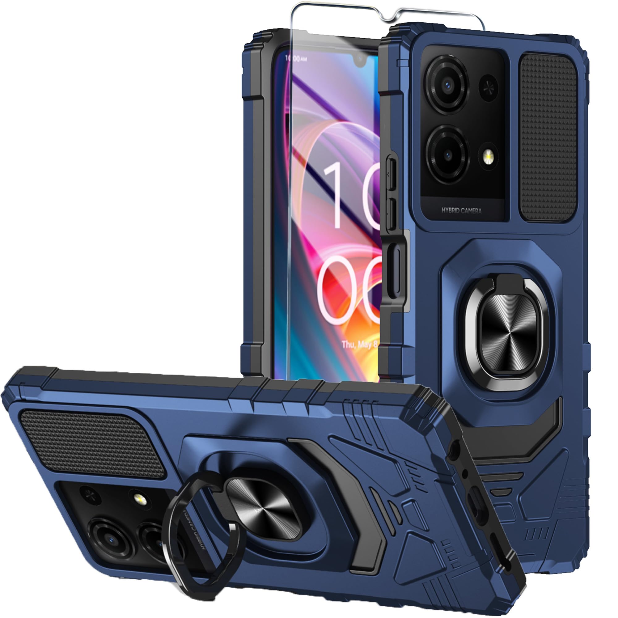 Mocotto for TCL K32/K33 5G 2025 Phone Case with Tempered Glass Screen Protector,Military Grade Shockproof Protective Cover,with Ring Kickstand (Blue)