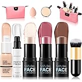 Wugbc Cream Contour Stick Make Up Kit for Women, Make Up Present Set Includes Highlighter Stick, Blush Stick, Bronzer Contour Stick, Foundation, Face Primer, Brush, Sponge, Cosmetic Bag for All Skin