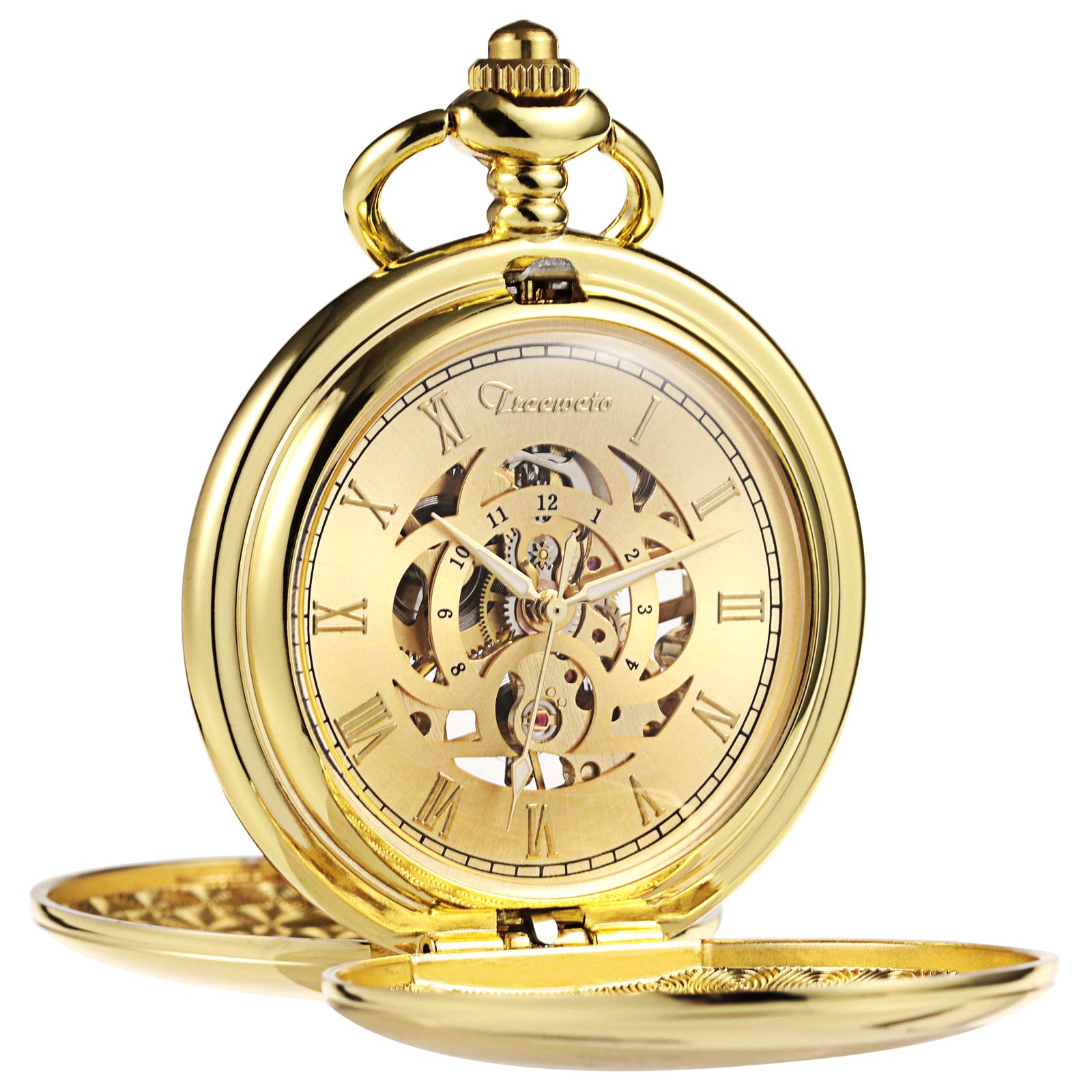 TREEWETO Men's Mechanical Pocket Watch Vintage Steampunk Bronze Gold Tone Smooth Double Case Roman Numerals Fob Watches for Men Women with Chain Box