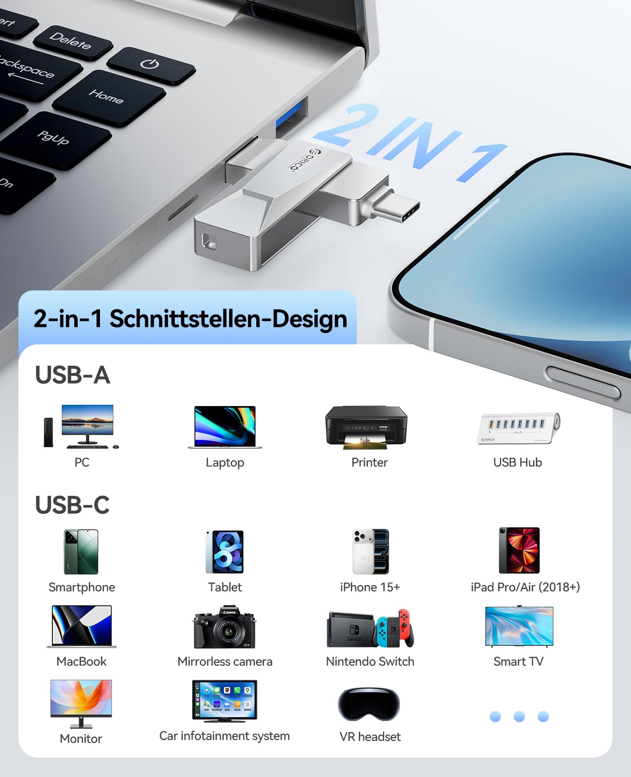ORICO USB Stick 128GB USB C Stick Speicherstick OTG Bis zu 150MB/s 2-in-1 Typ C Flash Laufwerk Metall für iPhone 17/16/15/Android-Smartphone/Tablet/Mac/Laptop/PC, Silber, CB05 6
