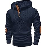 Mens Fashion Pullover Hoodies Long Sleeve Thermal Drawstring Button Texture Hooded Sweatshirt