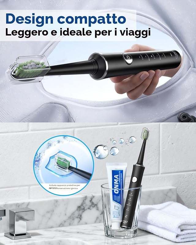 Spazzolino Elettrico Sonico – Pulizia Profonda per Gengive Sensibili, 5 Modalità, 45 Giorni di Batteria, 8 Testine, IPX7 Impermeabile, Timer Intelligente, Ideale per Viaggi (Nero)