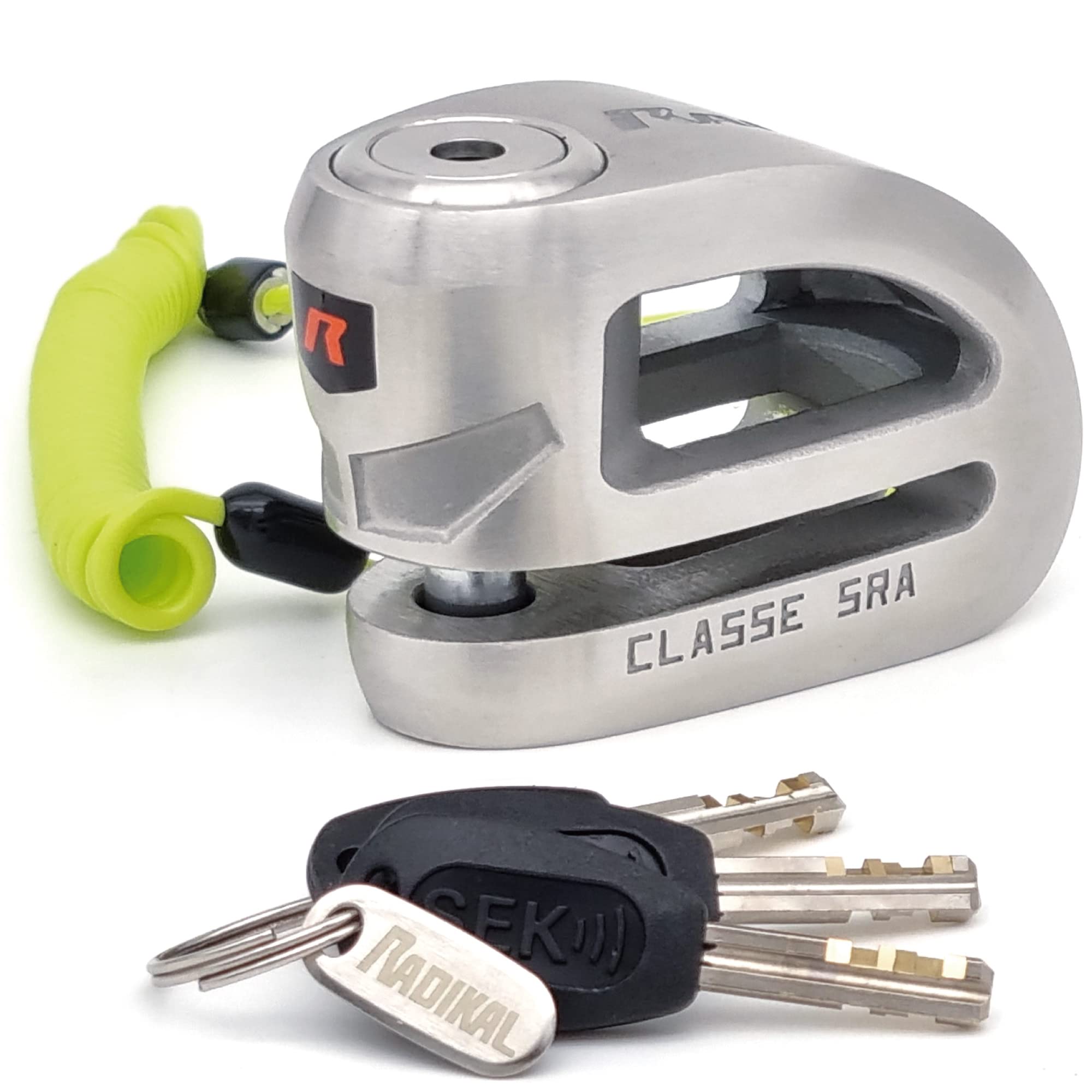 RADIKAL RK310S Premium Disc Lock Homologated SRA Premium, Lighter Design, Stainless Steel, Double Lock ø10mm/0.39in, Reminder Cable, Brake Wheel Lock for Motorcycle Scooter, Electric Bicycle, Ebike
