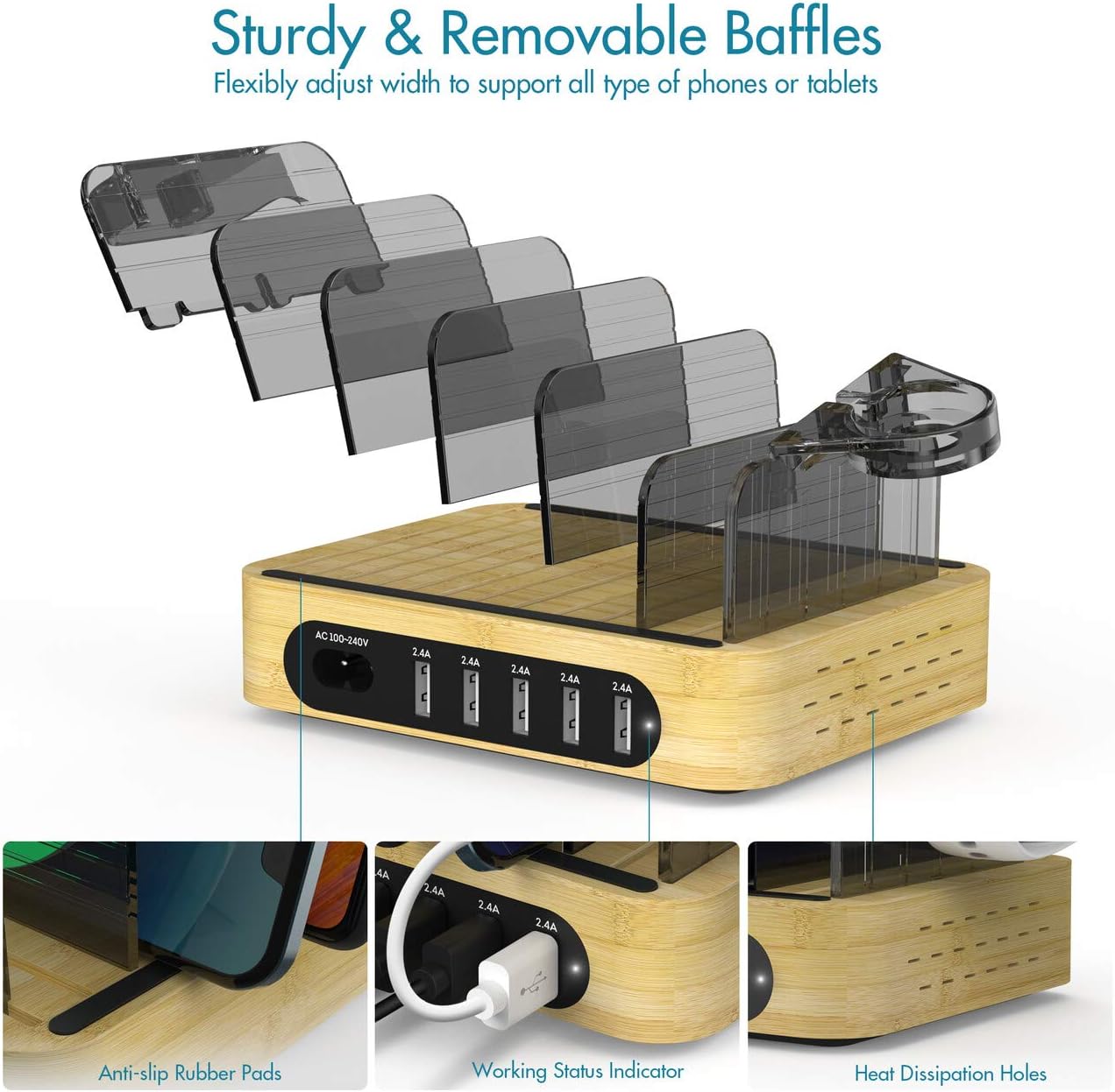 Bamboo Charging Station for Multiple Devices, 40W 5-Port Desktop USB Charger, Charging Stand Dock Compatible iPhone 11/Pro/Max, Galaxy S9/S8, iPad, Tablet and More (5 Charging Cables Included): Electronics