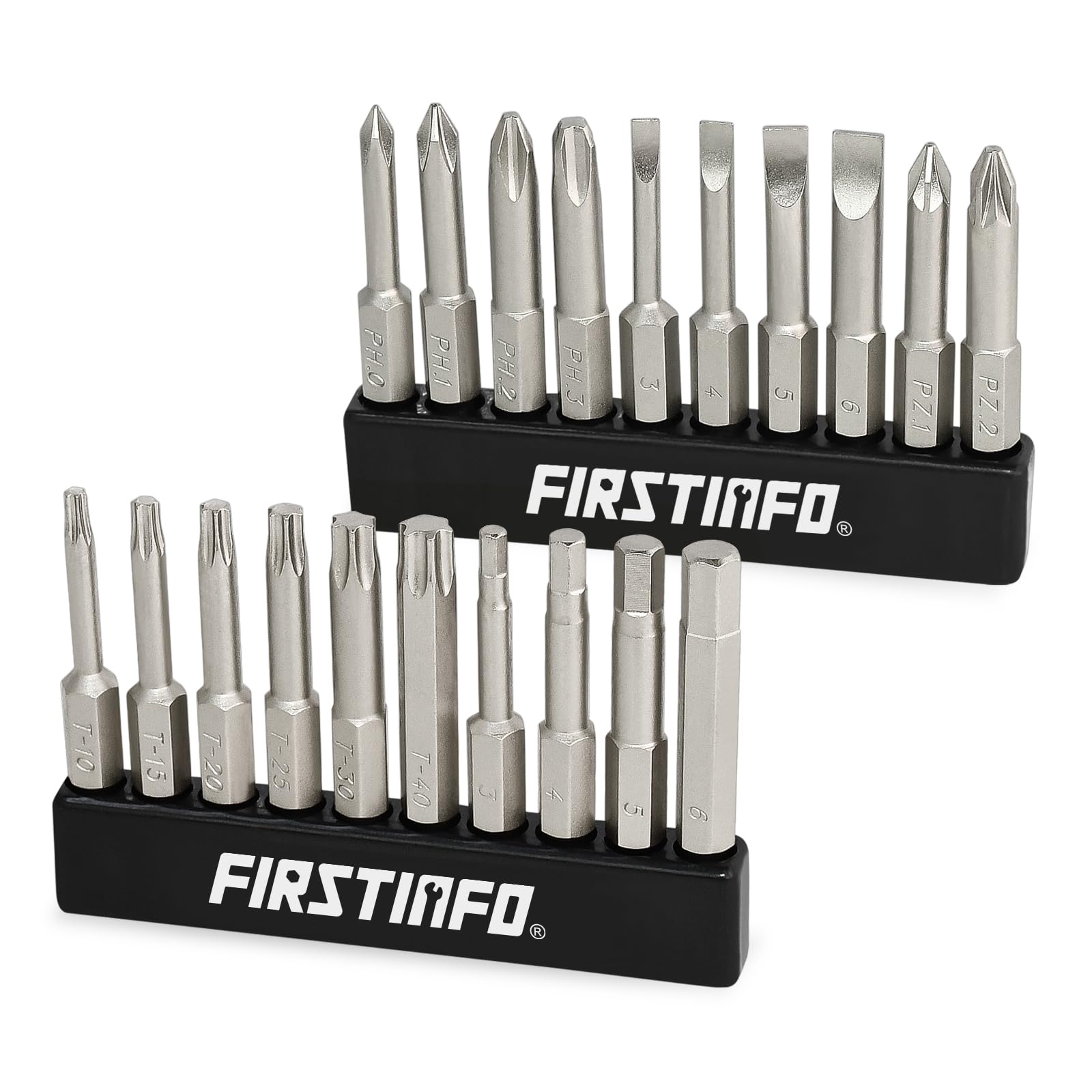 FIRSTINFO H5199D Screwdriver Bit Set, 1/4" Hex Head 50mm Long, 20 Pieces with Phillips Hex Star Flat and PZ