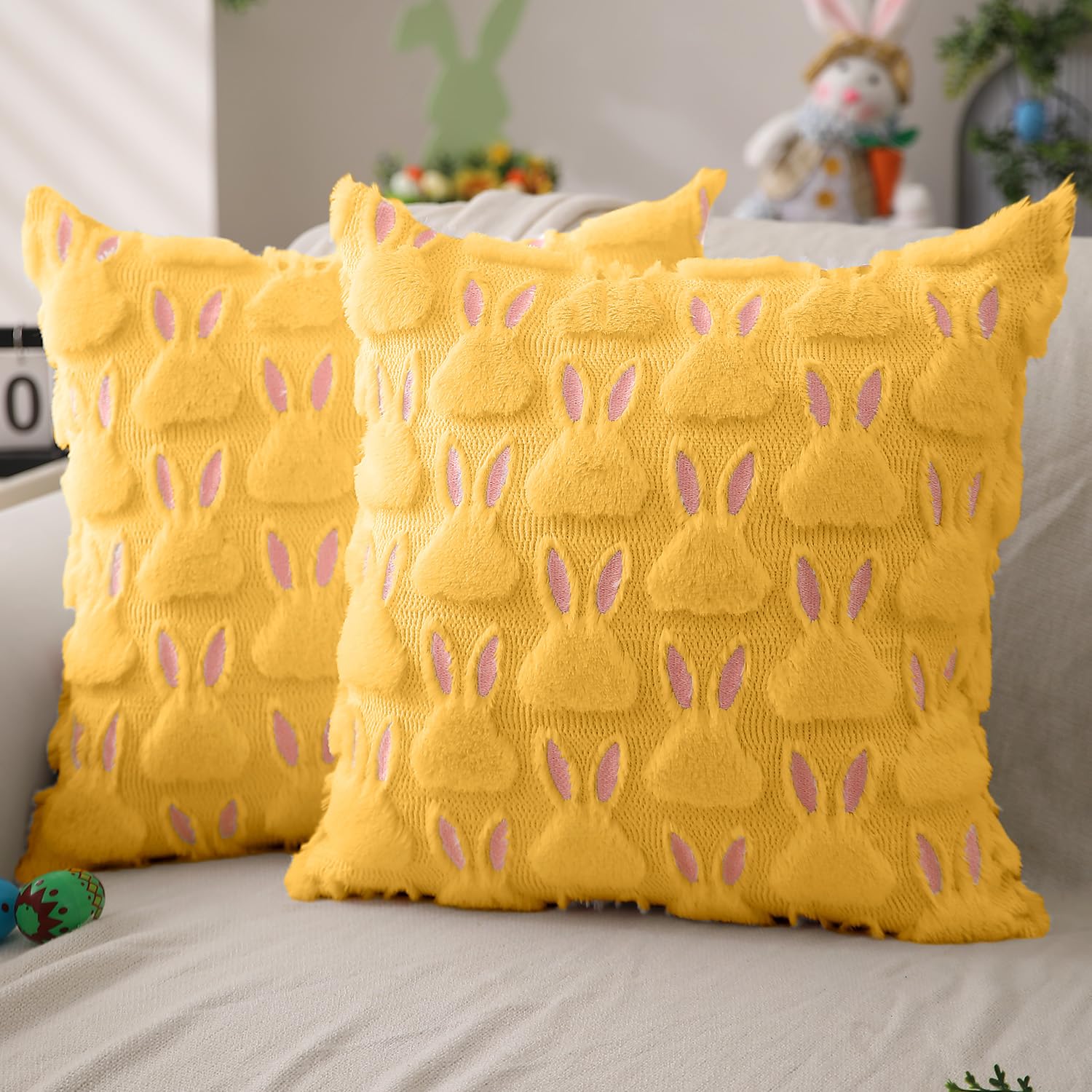 DFXSZ Easter Pillow Covers 18x18 inch Set of 2 Easter Decorations Pink Ears Yellow Rabbit Soft Plush Faux Fur Jacquard Throw Pillows for Bedroom Sofa Holiday Festivals Home Decor FHJ-17D18