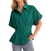 Cicy Bell Womens Pleated Button Down Blouse Summer Cuffed Short Sleeve Peplum Tops Casual Dressy Fitted Waist Shirts
