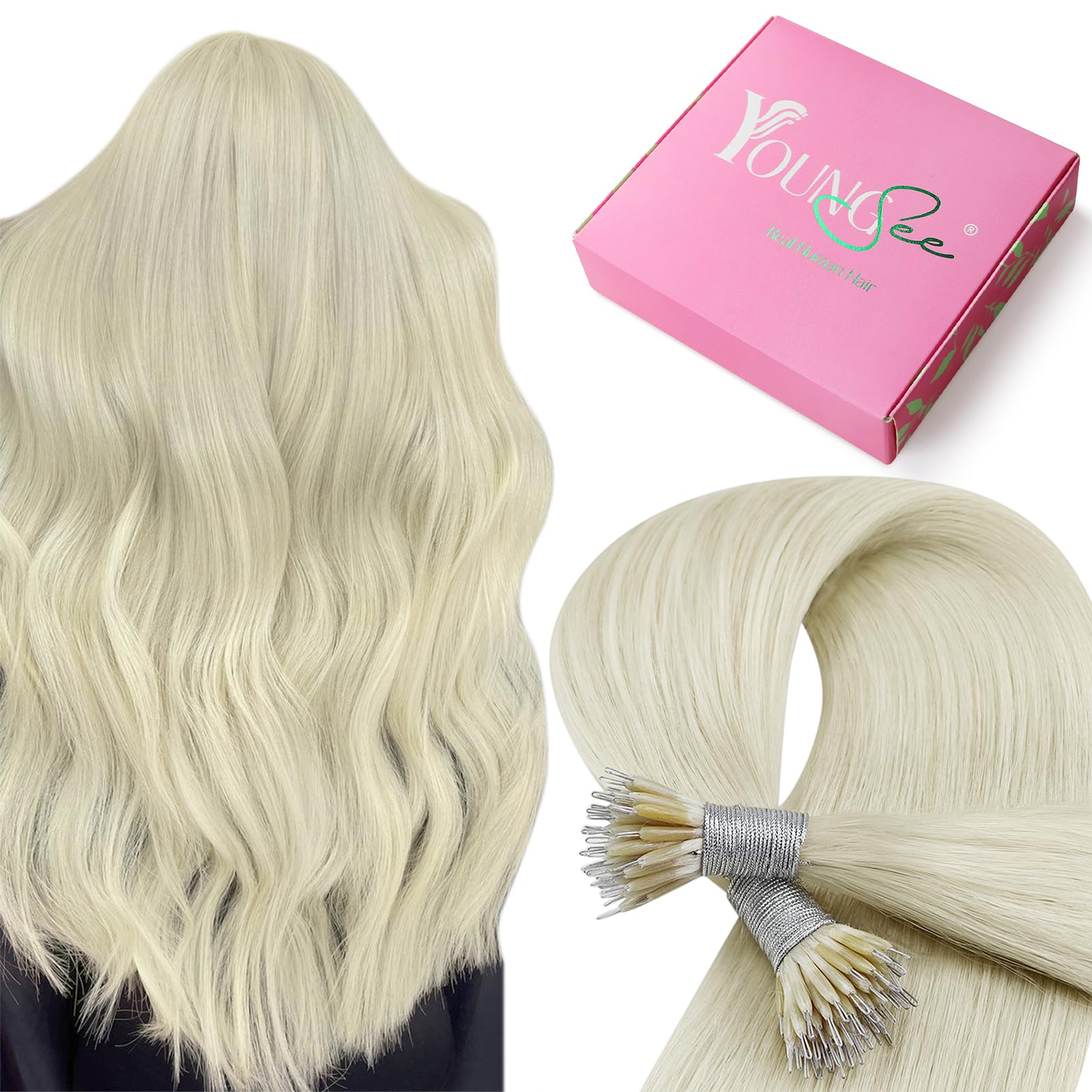 YoungSee Nano Hair Extensions Blonde 18inch Nano Ring Hair Extensions Real Human Hair Platinum Blonde Nanolink Extensions White Blonde for Holiday Cold Fusion Pre Bonded 50s 50g