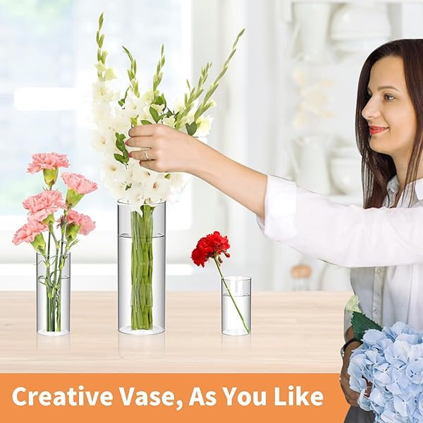 SCAWIM 48PCS CLEAR VASES FOR CENTERPIECES, 4,6,8,10 INCH GLASS CYLINDER VASES, TALL HURRICANE FLOWER VASE BULK FOR FLOWER ARRANGEMENTS, HURRICANE CANDLE HOLDER FOR TABLE, HOME, PARTY, WEDDING DECOR
