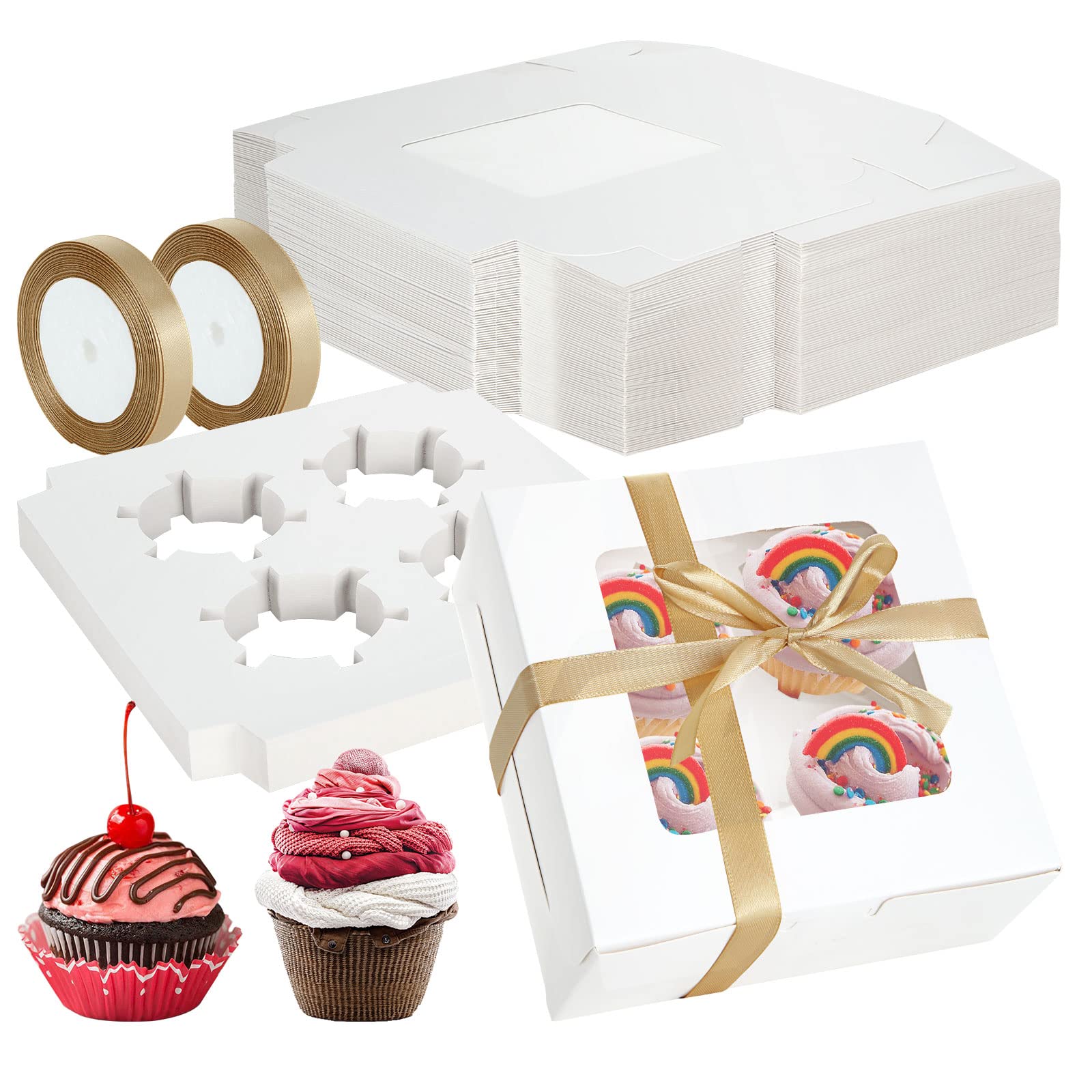 GOYADA 50 Pack 4 Hole Cupcake Boxes with Window, 16x16x7.5cm White Cupcake Boxes with Ribbons, Cupcake Carrier Holder with Insert for Cupcakes, Cookies, Brownies, Donuts