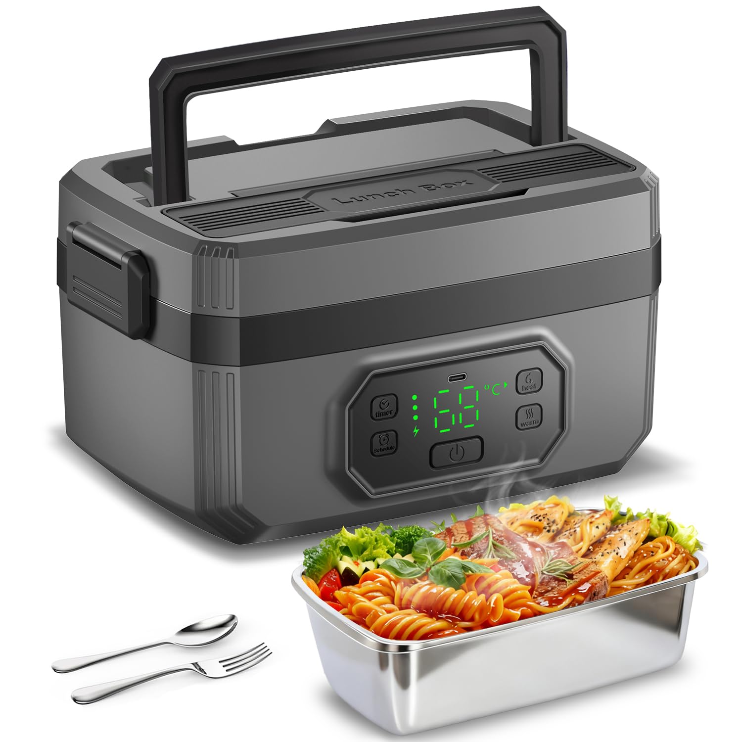 Photo 1 of 1.6L Cordless Electric Lunch Box - 24000mAh Heated Lunch Box Battery Powered with Automatic Heating, 9-Timer & 5-Temp Setting, Leakproof 304 Stainless Steel Container, Perfect for Office/Truck/Outdoor