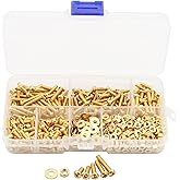 LBY 600pcs Machine Screws Assortment Kit, M3 Phillips Pan Head Bolts, 5 Sizes (with Nuts and Flat Washers), Copper (Yellow)