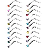 Sumind 20 Pcs 20g Nose Studs L Shaped Rings Colorful Surgical Crystal Nose Rings Stainless Steel Piercing Studs Jewelry 2 mm for Women Men, Gifts 15 Colors