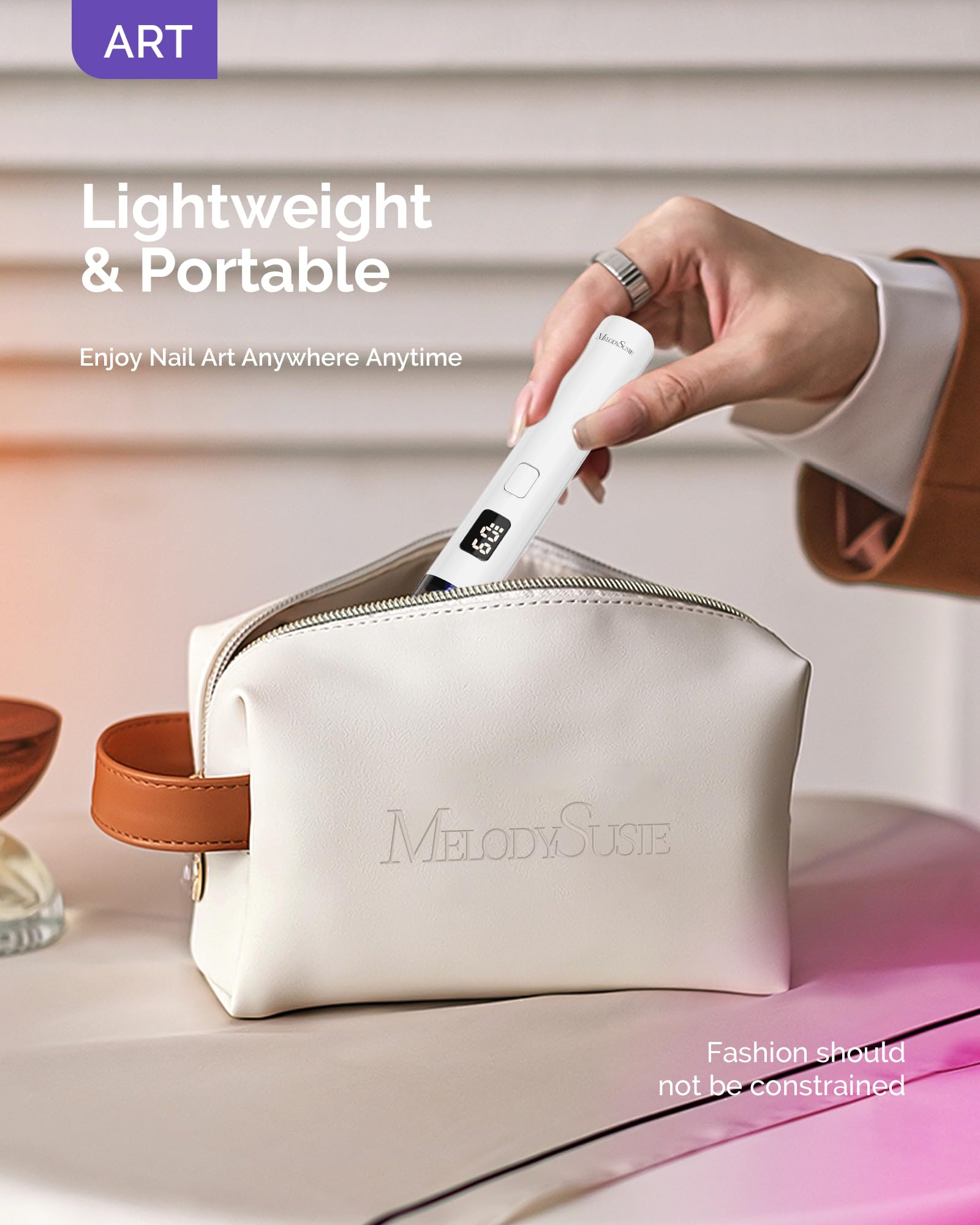 MelodySusie Handheld UV Light for Gel Nails with Stand, Mini Portable Cordless Nail Lamp with LCD Display, Eye-Protective Cover, Flash Curing for Glue, White