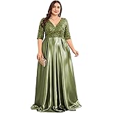 Plus Size Satin Evening Gowns Women Formal for Prom Party OR Wedding Long Sleeves V-Neck Mother of The Bride Dress