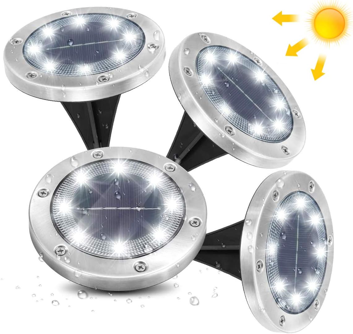Solar Powered Ground Lights, AMBOTHER 8 LEDs Outdoor IP65 Waterproof Disk Lights, Buried Light for Garden Landscape Lawn Pathway Yard Deck Driveway Patio Walkway Pool Area(4 Pack) [Energy Class A+]