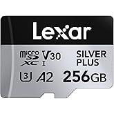 Lexar Silver Plus Micro SD Card 256 GB, Up to 205 MB/s Read Speed, 150 MB/s Write Speed, Memory Card Micro SD with SD Adapter