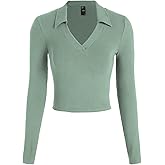 CIDER Fitted Long Sleeve Shirts for Women - V Neck Polo Shirts Business Casual Collared Work Tops Fitted Spring Fall Shirt
