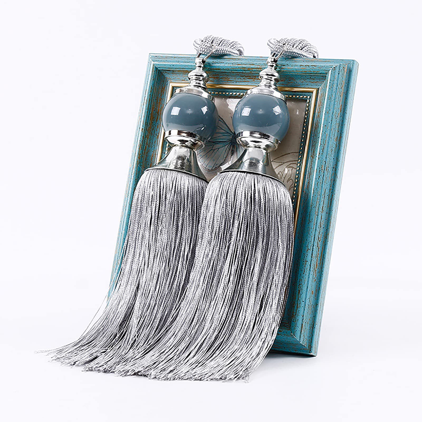 Curtain Tiebacks,2 Pcs Long Tassel Curtain Tiebacks Handmade Braided Rope Knot Drape Tie Backs European Style Decorative Curtain Holdbacks for Home & Office Window Drapery(Silver Grey)
