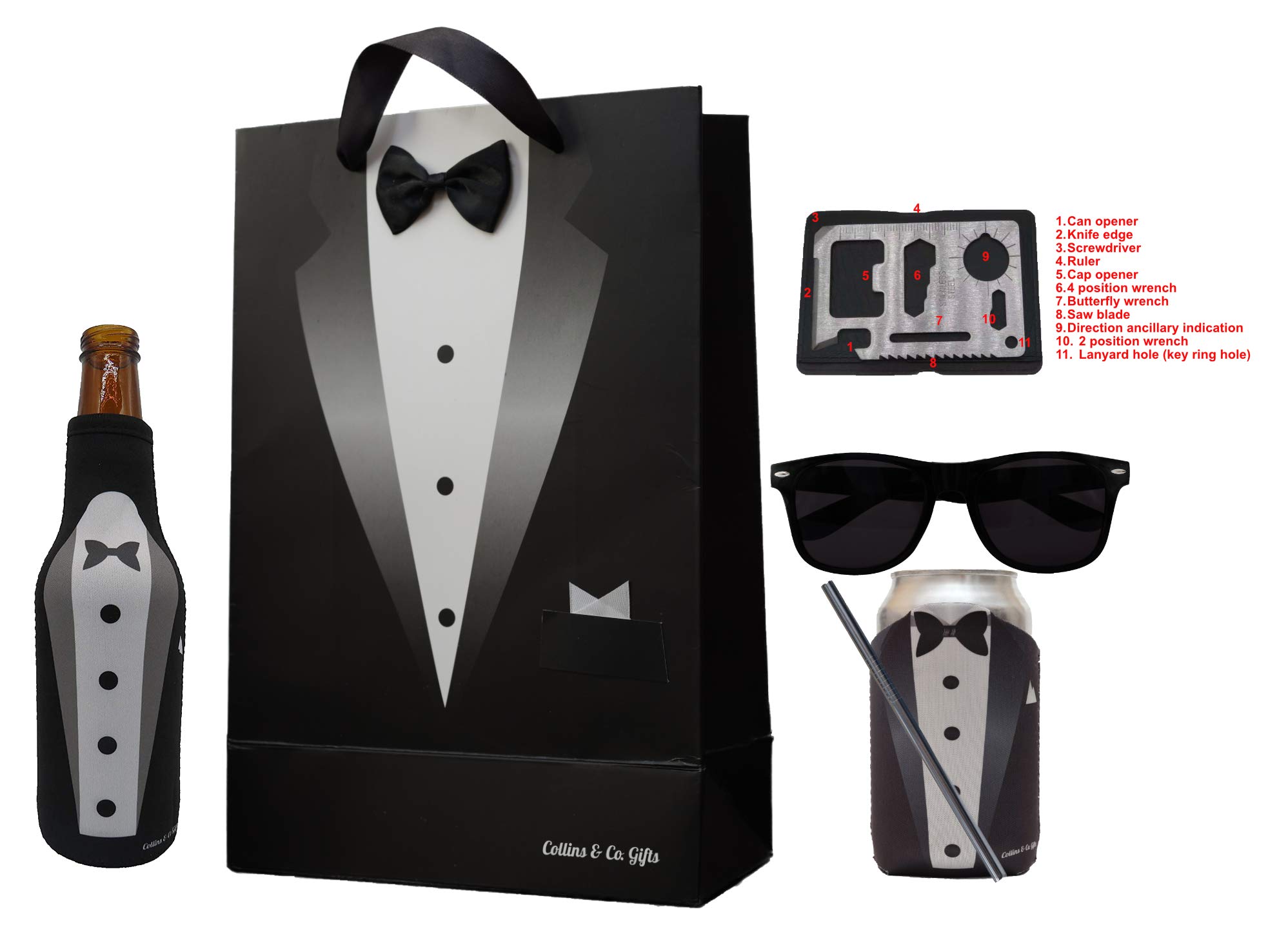 Collins & Co. Groomsmen Gifts Groomsman Proposal Wedding Party Box Set - Can & Bottle Coozie, Sunglasses, 11-in-1 Multitool, Cocktail Straw & Real Bow Tie Tuxedo Gift Bag (1)