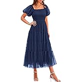 PRETTYGARDEN Women's Smocked Midi Tulle Dress 2026 Summer Puffy Short Sleeve Square Neck Ruffle Wedding Guest Party Dresses