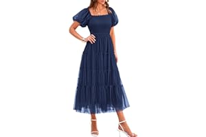 PRETTYGARDEN Women's Smocked Midi Tulle Dress 2025 Summer Puffy Short Sleeve Square Neck Ruffle Wedding Guest Party Dresses