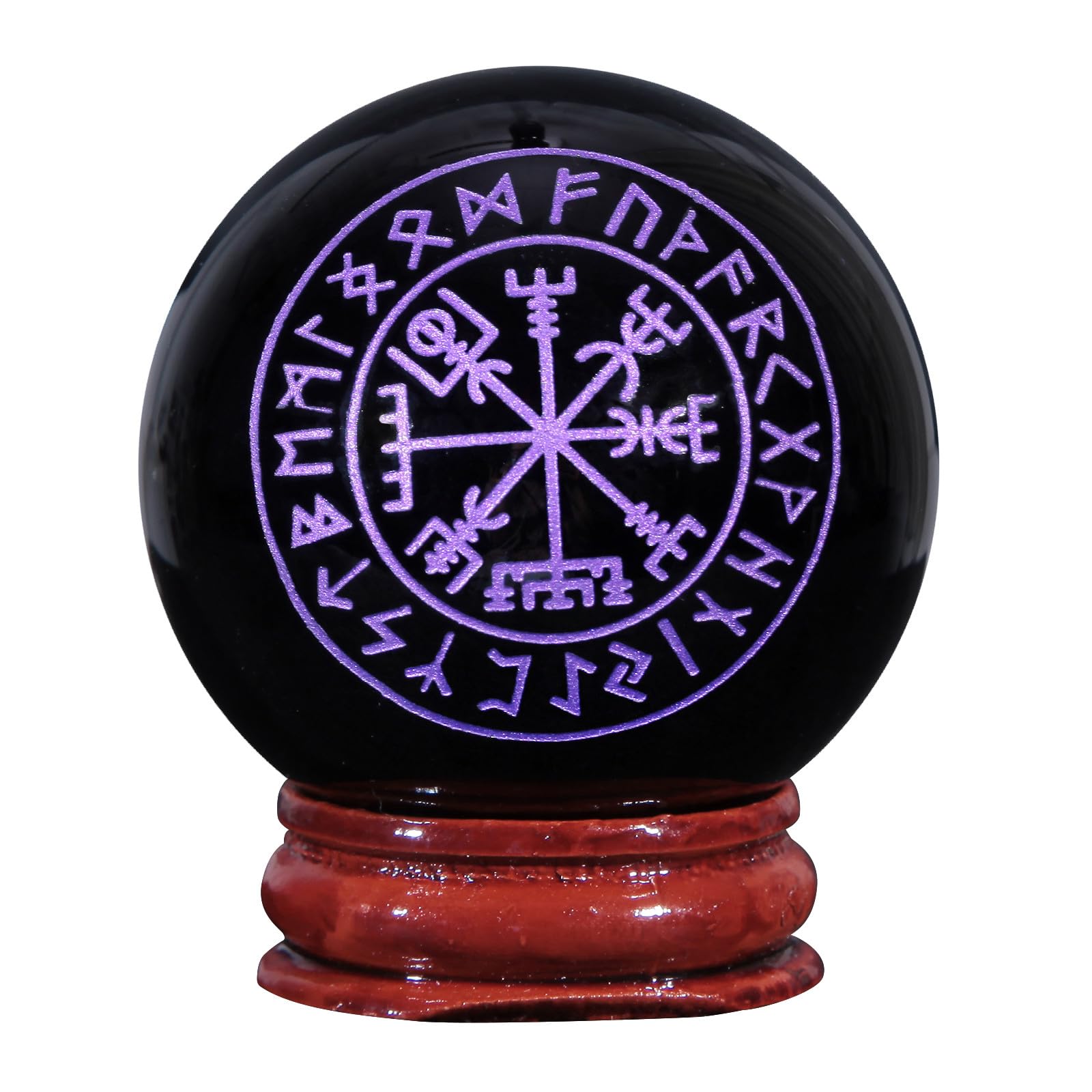 Nupuyai 1.9" Engraved Symbol Obsidian Crystal Ball with Stand, Polished Feng Shui Crystal Sphere Stone Ornament Home Office Decor, Runes & Vegvisir, Purple