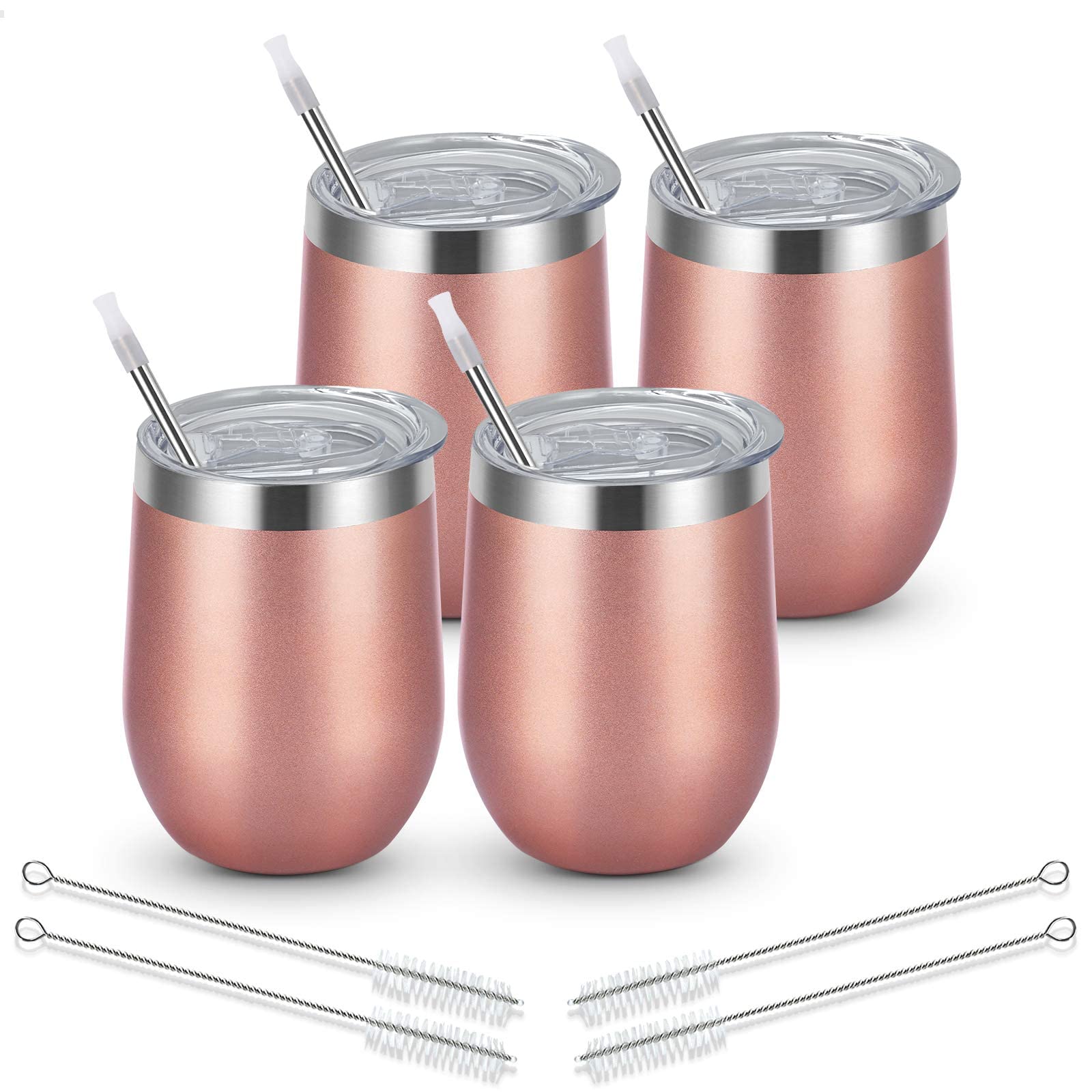 Livole Wine Tumbler Gifts Set of 4, 12oz Double Wall Vaccum Insulation Stainless Steel Wine Glass with Lid and Straw, 4 Pack Unbreakable Stemless Wine Coffee Cups for Home, Outdoors, Picnic, Rose Gold