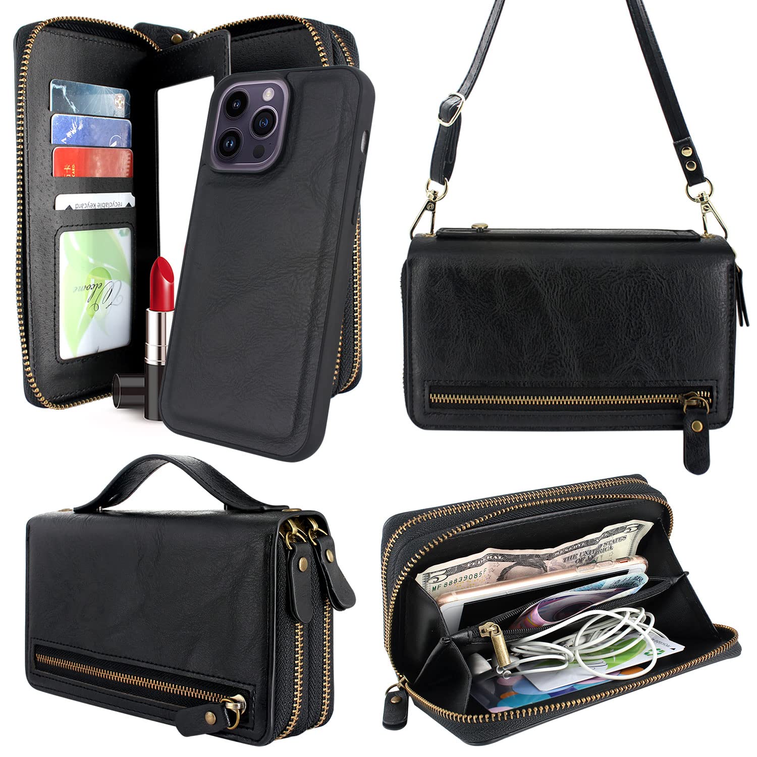 Photo 1 of Harryshell Compatible with iPhone 14 Pro Max 6.7 inch 2022 Case Wallet Multi Zipper Detachable Magnetic Cover Purse Bag with Card Slots Mirror Crossbody Chain Wrist Strap (Black)