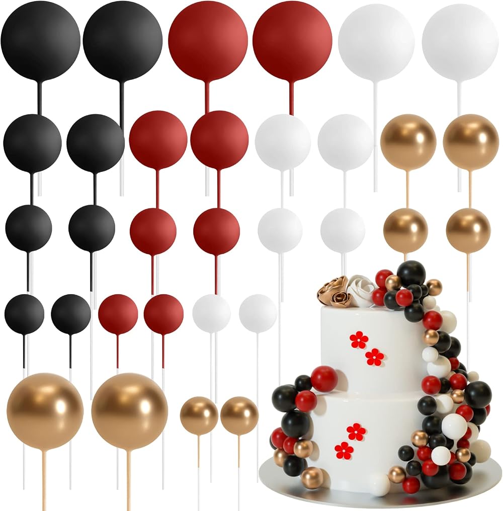 ASTARON 32 Pcs Ball Cake Toppers Mini Balloons Foam Balls Sticks Red Black