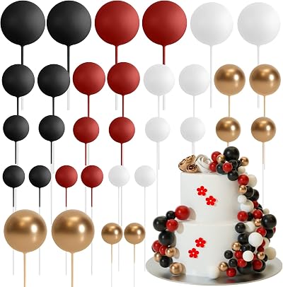 ASTARON 32 Pcs Ball Cake Toppers Mini Balloons Foam Balls Sticks Red Black