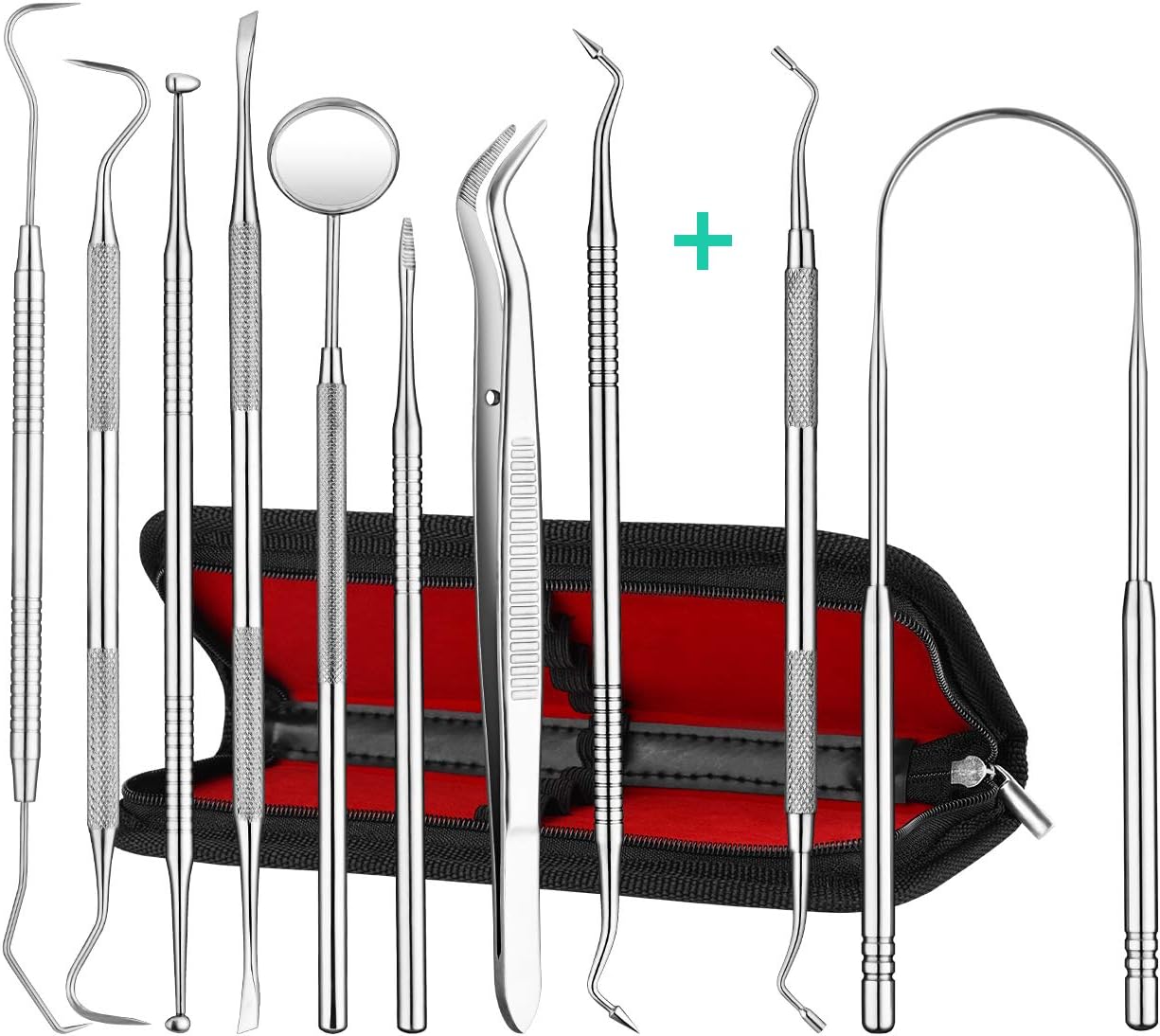 Dental Tools, ElleSye 10 PACK Stainless Steel Dental Pick Dental Hygiene Kit Set Tongue Scraper, Tooth Scraper Tartar Dental Scaler Tweezers Mouth Mirror for Personal & Pet Oral Care Use