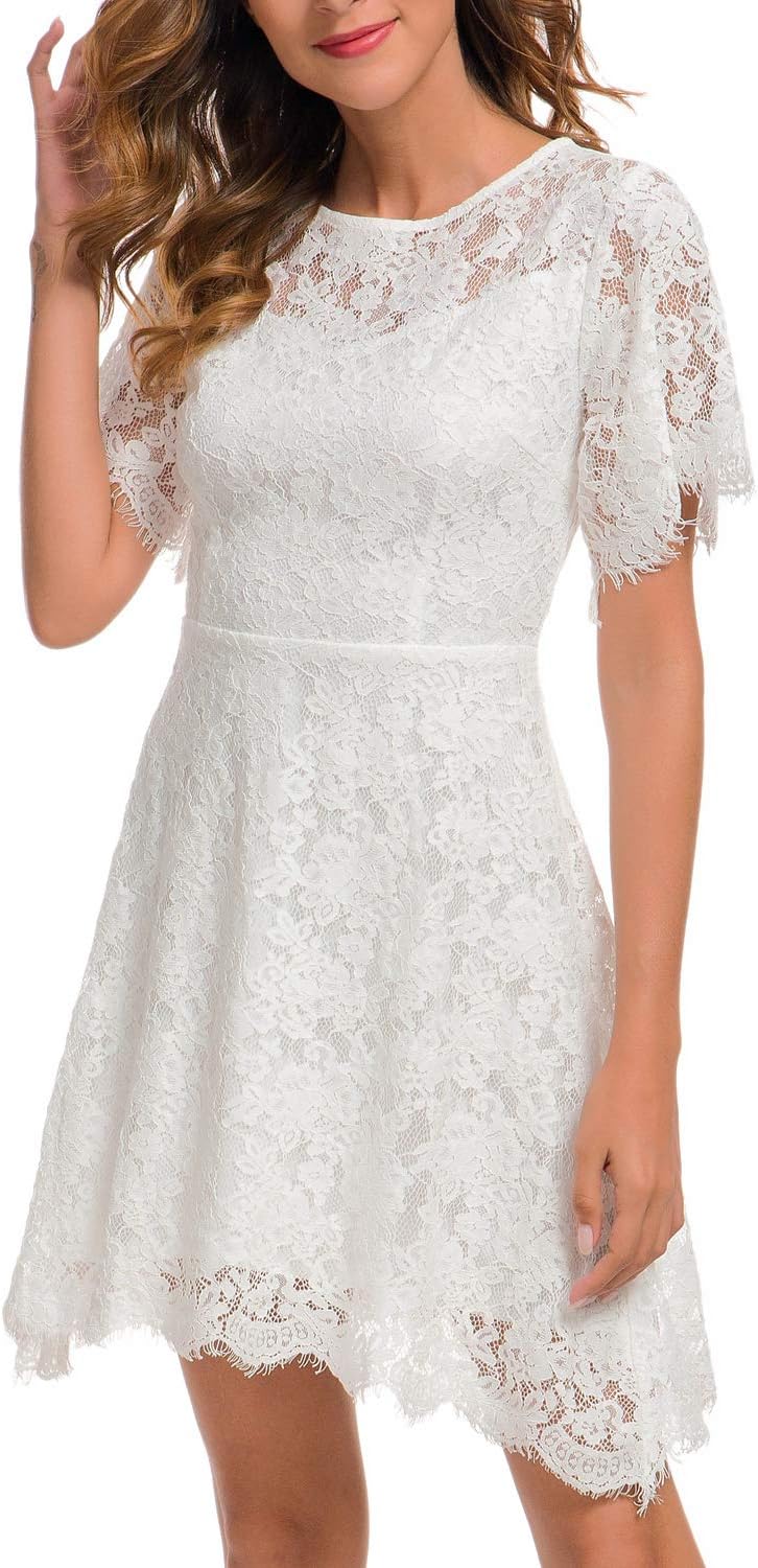 MSLG Women's Elegant Round Neck Short Sleeves Wedding Guest Floral Lace Cocktail Party Dress 943