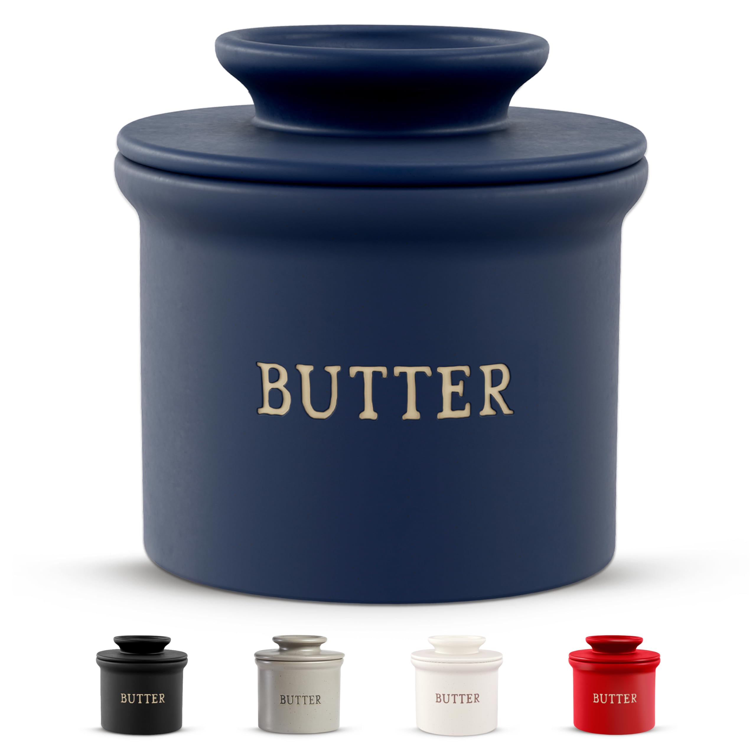 Photo 1 of Kook Butter Crock with Lid, Soft Spreadable Butter, Ceramic French Butter Keeper to Leave On Counter with Water Line, Butter Dish, Home and Kitchen Decor, Perfect for Christmas Gift (Navy)