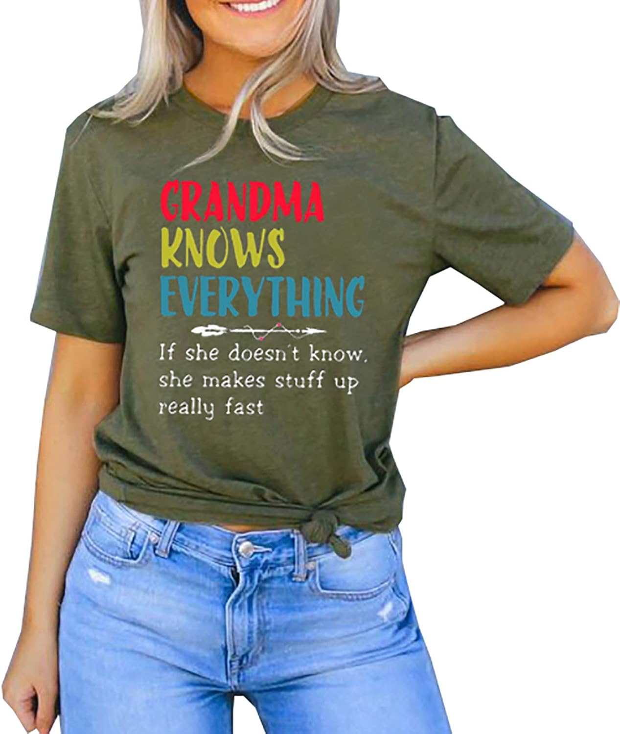 Grandma Knows Everything TShirt for Women Mother's Days Shirts Grandma Graphic Tees Tops (Green