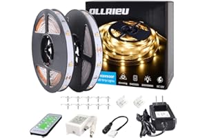 ollrieu 50ft Warm White LED Strip Lights,12V Dimmable Tape Lighting with Infrared Remote,SMD 2835 LEDs Adhesive Ribbon Light,Connectable,Cuttable,Indoor Rope Light for Room Mirror Bedroom Cabinet