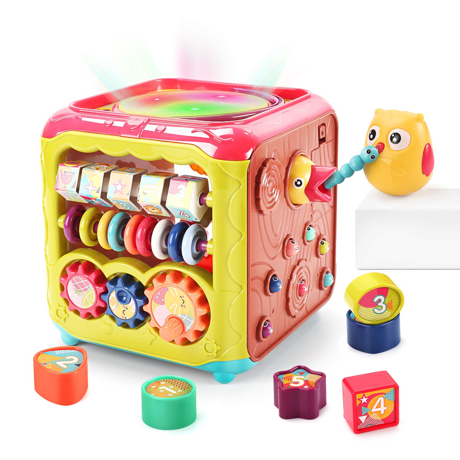 CUTE STONE Baby Activity Cube Toys,6 in 1 Multifunctional Learning Cube Toy with Music &amp; Light,Shape Sorter,Play Drum and Gears,Baby Early Educational Play Cube Gift for Infant Kids Boys Girls