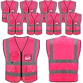 Jeffbaubl 10 Pcs Reflective Vest, High Visibility Construction Vest, Reflective Vests with Pockets and Zipper, Work Vests for Men Women(Pink)