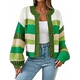 Saodimallsu Womens Striped Chunky Cardigan Sweaters Button Up Fall Trendy Color Block Long Sleeve Knit Sweater Coats